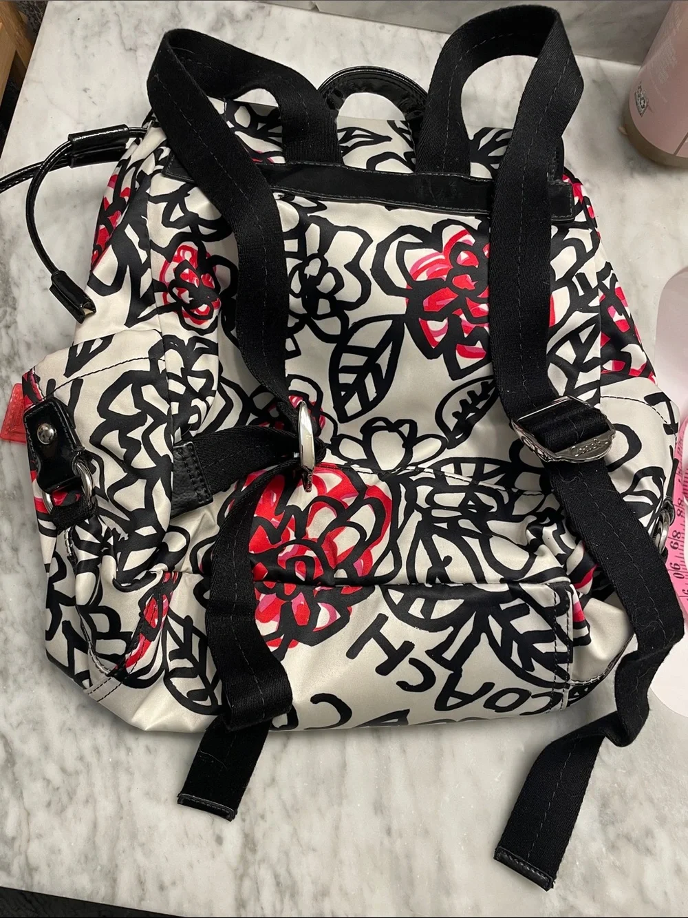 Coach Cream Floral Convertible Backpack with Black & Red Accents - Picture 2 of 12